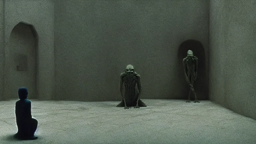 Prompt: the creature that pushes in from the wall, film still from the movie directed by denis villeneuve and david cronenberg with art direction by salvador dali and zdzisław beksinski, wide lens