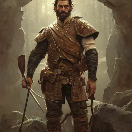 Image similar to portrait of a rugged ranger, coherent hands, handsome, muscular, full body, leather, hairy, d & d, fantasy, intricate, elegant, highly detailed, digital painting, artstation, concept art, smooth, sharp focus, illustration, art by artgerm and greg rutkowski and alphonse mucha