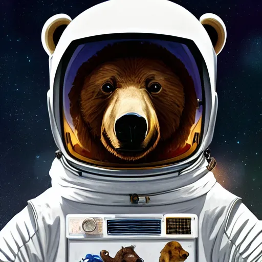 Prompt: a bear in a astronaut suit and walter white, intricate, highly detailed, digital painting, artstation, concept art, smooth, sharp focus, illustration, unreal engine 5, 8 k, art by artgerm and greg rutkowski and alphonse mucha