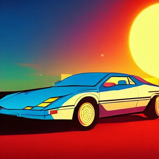 Prompt: retro box covert art of a synthwave car sitting in front of a sunset in miami, 8 0's box art, retro