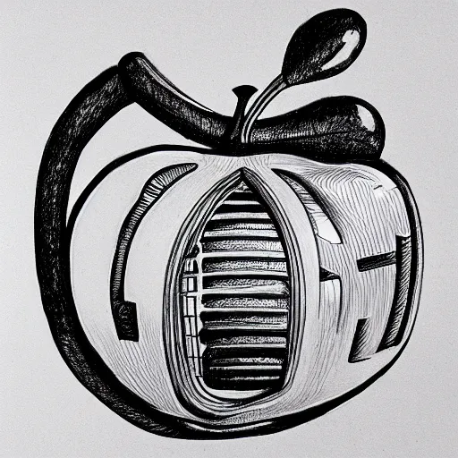 Image similar to line art drawing of a mechanical apple transforming into a robot, pencil on paper, high-resolution