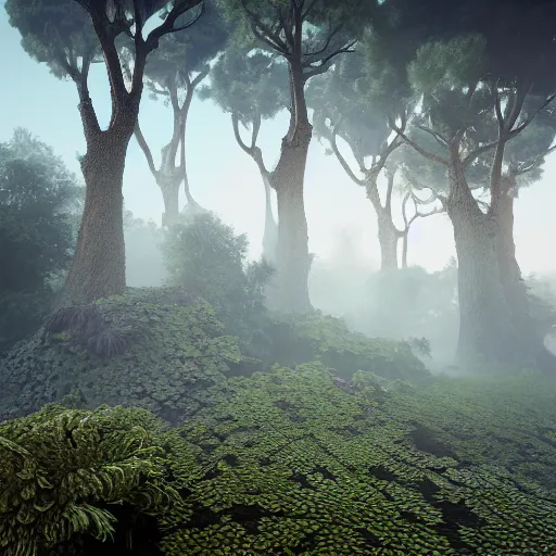 Image similar to photorealistic 3 d rendering of 3 d cellular automata. highly detailed octane render and vray with natural light and organic colours, mist, smoke, mistical rays of light, volumetric lighting, raytracing, unreal engine
