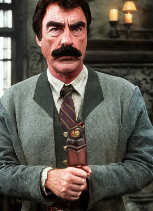 Prompt: film still of tom selleck as harry potter in harry potter, 4 k