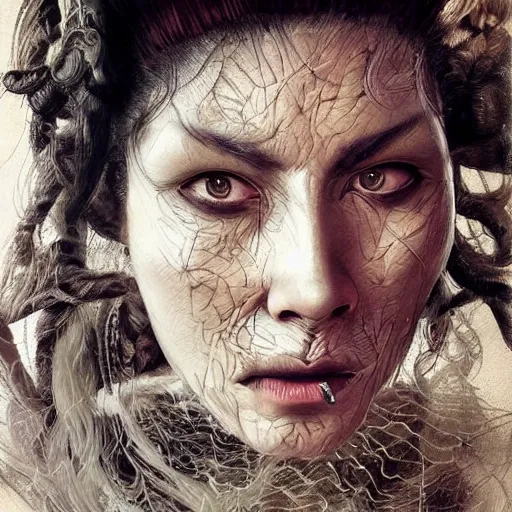 Image similar to portrait of a Shibari rope wrapped face and neck, headshot, insanely nice professional hair style, dramatic hair color, digital painting, of a old 17th century, old cyborg merchant, amber jewels, baroque, ornate clothing, scifi, realistic, hyperdetailed, chiaroscuro, concept art, art by Franz Hals and Jon Foster and Ayami Kojima and Amano and Karol Bak,