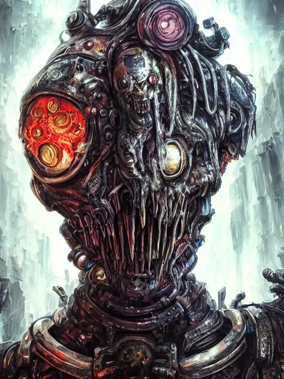 Prompt: portrait art of 8k ultra realistic undead eldritch horror corrupted space marine,decaying, cybernetic, full of colour, cinematic lighting, battered, trending on artstation, 4k, hyperrealistic, focused, extreme details,unreal engine 5, cinematic, masterpiece, art by ayami kojima, giger