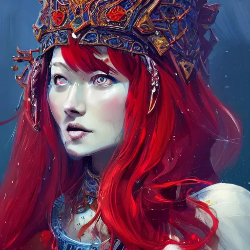 Prompt: red hair priestess, cathedral, D&D, fantasy, intricate, elegant, highly detailed, digital painting, artstation, concept art, matte, sharp focus, illustration, art by Ben Quilty