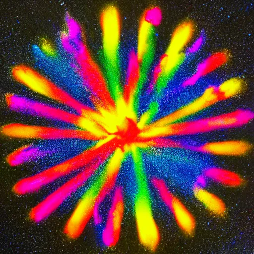 Prompt: A centered explosion of colorful powder on a black background