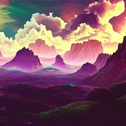 Image similar to A fantasy vaperwave landscape on an alien planet