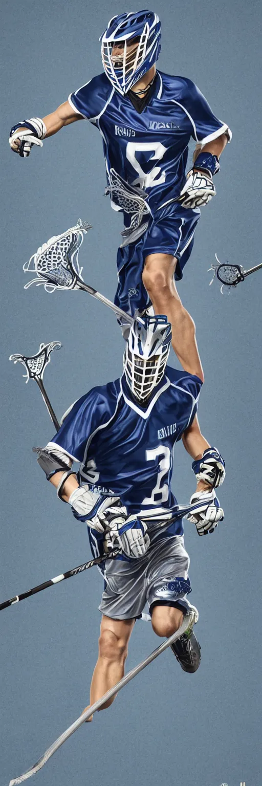 Image similar to lacrosse player, soccer field, cascade helmet, realistic, running, very detailed, 8k, high resolution, ultra realistic, no grain, symmetry, normal proportions, sports illustrated style, Cascade XRS Custom Lacrosse Helmet, brine lacrosse stick, Brine Lacrosse King V Gloves, normal feet, Nike Alpha Huarache 7 Elite, STX Surgeon 700 Lacrosse Arm Guards