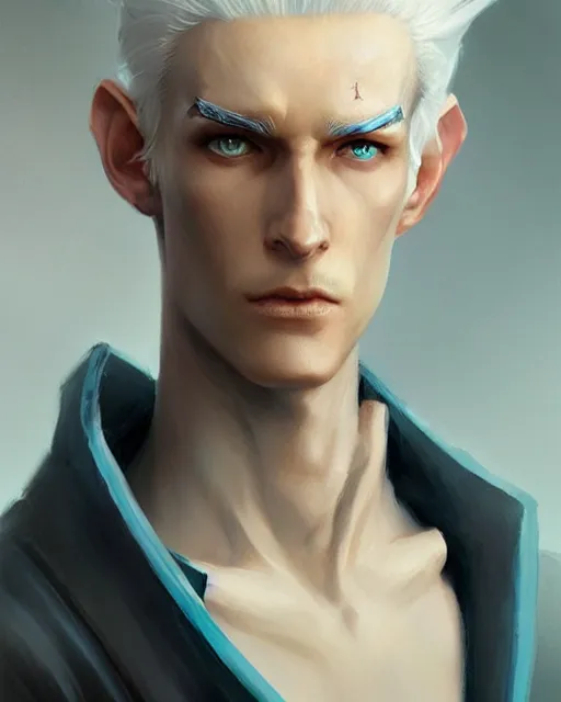 Image similar to character portrait of a slender young half elven man with white hair, piercing cyan blue eyes, and pale blue skin, by greg rutkowski, mark brookes, jim burns, tom bagshaw, trending on artstation