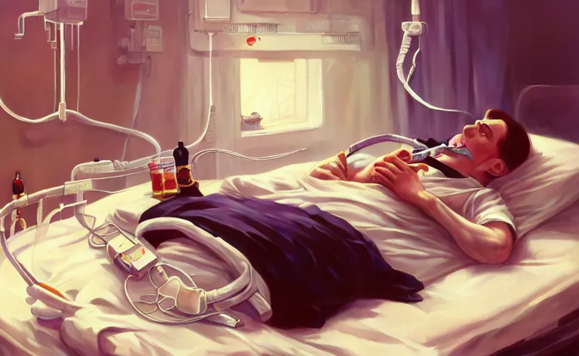 Image similar to Putin lies in hospital bed with an oxygen mask, intricate, portrait, highly detailed, digital painting, artstation, concept art, smooth, sharp focus, illustration, cinematic lighting, art by artgerm and greg rutkowski and alphonse mucha