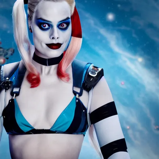 Image similar to photo of Margot Robbie as Harley Quinn floating in the iss, highly detailed skin and face, 8k