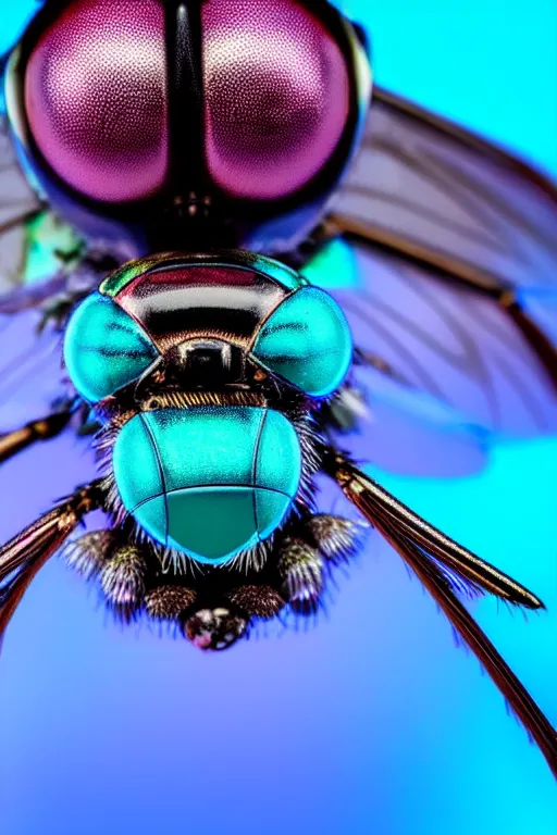 Image similar to high quality macro robot metallic tachinid fly! gorgeous highly detailed hannah yata elson peter cinematic turquoise lighting high quality low angle hd 8k sharp shallow depth of field