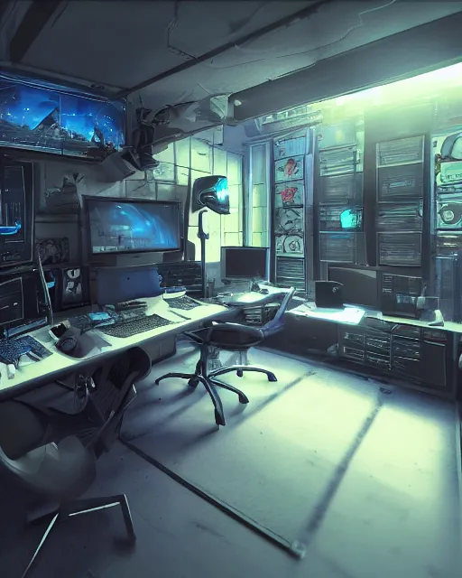 Prompt: artstation scifi scene of a complex computer workstation in a small studio apartment room, many monitors, many electronics, very detailed, maximalism, volumetric light, atmospheric haze, unreal engine, hyper realism, realistic shading, cinematic composition, realistic render, octane render, detailed textures, photorealistic, wide shot