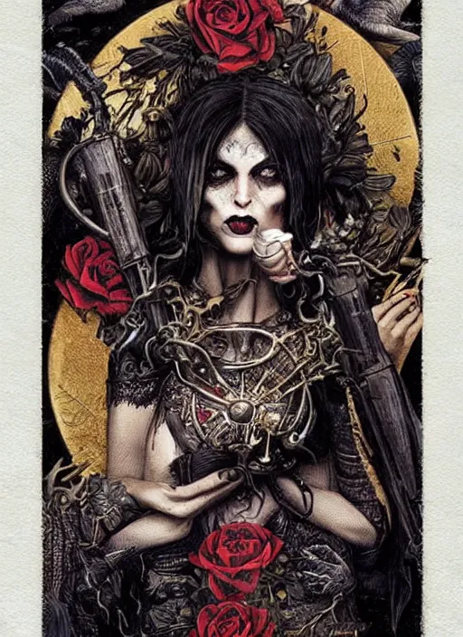 Image similar to tarot card :: horror :: vampires and draculas :: cult and clan :: hearts and roses :: gold and silver :: guns and swords :: highly details :: intricate details :: Sandra Chevrier and bastien lecouffe deharme