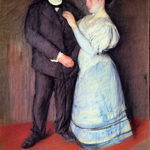 Prompt: a man standing next to a woman by mary cassatt