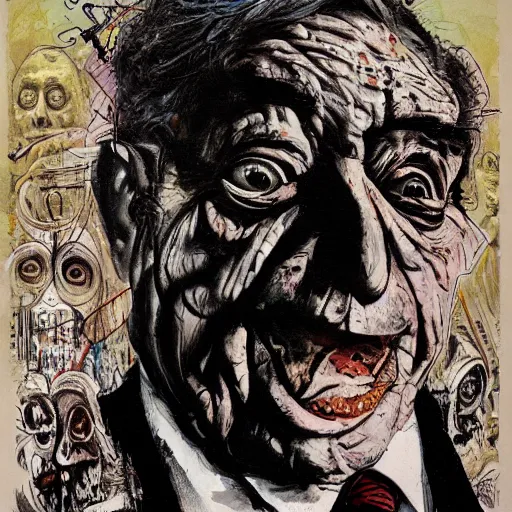 Image similar to George Soros full body shot, dollar bills Body horror, biopunk, by Ralph Steadman, Francis Bacon, Hunter S Thompson