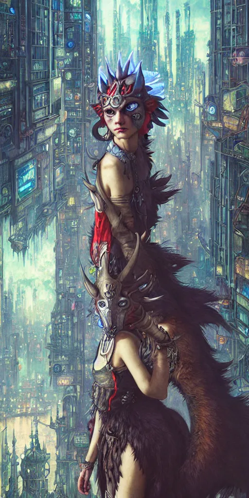 Image similar to hyper realistic Princess Mononoke in her mask, busy cyberpunk metropolis, city landscape, wolves, magic, castle, jewels, style of tom bagshaw, mucha, james gurney, norman rockwell, denoised, sharp