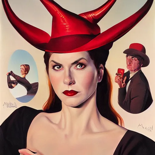 Prompt: portrait of a woman with ( horns ) that peek out of her hat, by alex ross.