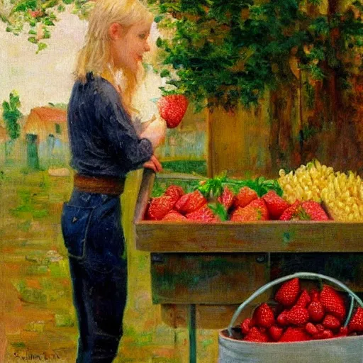 Image similar to Cute Blonde Girl with locks sells Strawberries in a fruit stand, oil on canvas, Impressionism