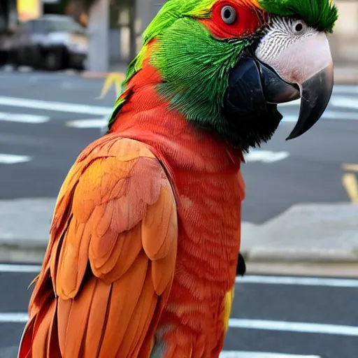 Image similar to a human sized parrot standing on a street in ota city, tokyo