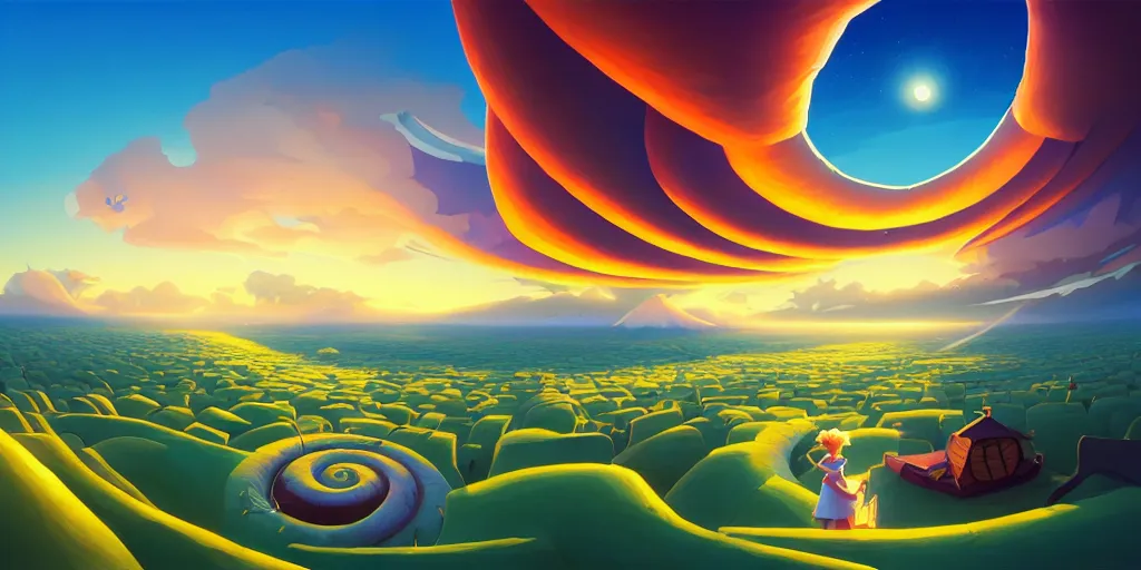 Prompt: nightly, spiral, naive nerikomi, weird perspective, extra narrow, detailed illustration, by rhads from lorax movie, trending artstation, true color, fisheye, blue sky with spiral smoky clouds, curvy clouds, deep blue sky
