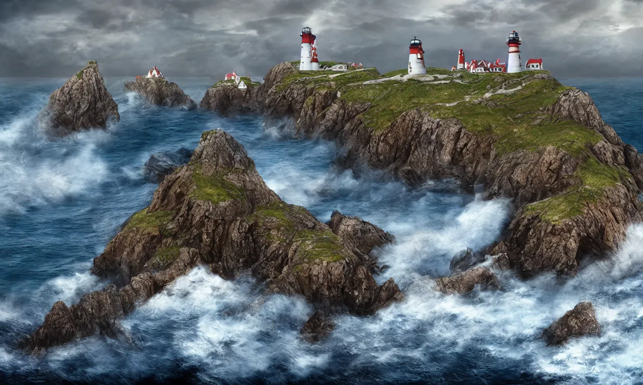 Prompt: five lighthouses on a rocky cliff, historical town in the background, dramatic coastline, fantasy landscape, mytical place, nordic coast, large waves, storm, wooden viking ships, matte painting, artstation, photorealistic, 4 k