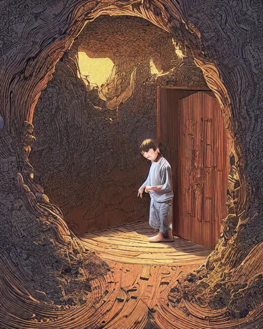 Prompt: a young boy opening a giant wooden door with archaic symbols embedded onto it, in a cave by the water, digital art, illustrated by james gurney and victo ngai