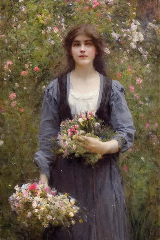 Image similar to Richard Schmid and Jeremy Lipking full length portrait painting of a young beautiful edwardian girl hold a large bouquet of flowers