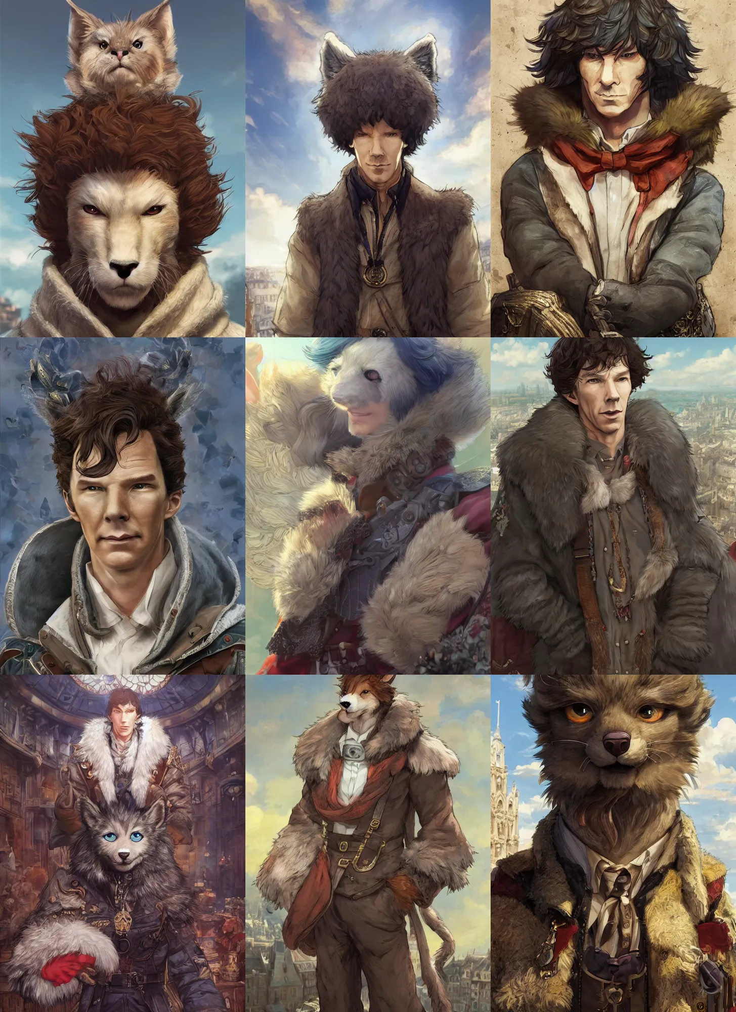 Prompt: furry fursona, character portrait of benedict cumberbatch with gorgeous detailed eyes in the marketplace in the sky, color page, tankoban, 4 k, tone mapping, doll, akihiko yoshida, james jean andrei riabovitchev marc simonetti, yoshitaka amano, long hair, curly, h. hydrochaeris