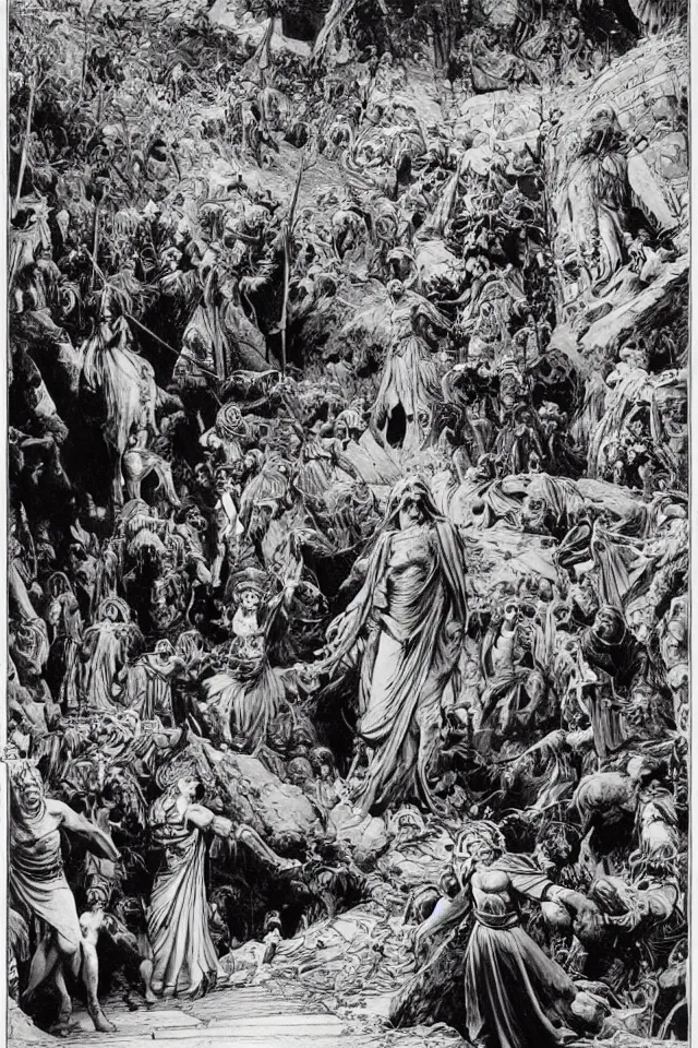 Image similar to artwork by Franklin Booth showing the fall of the city of Babylon