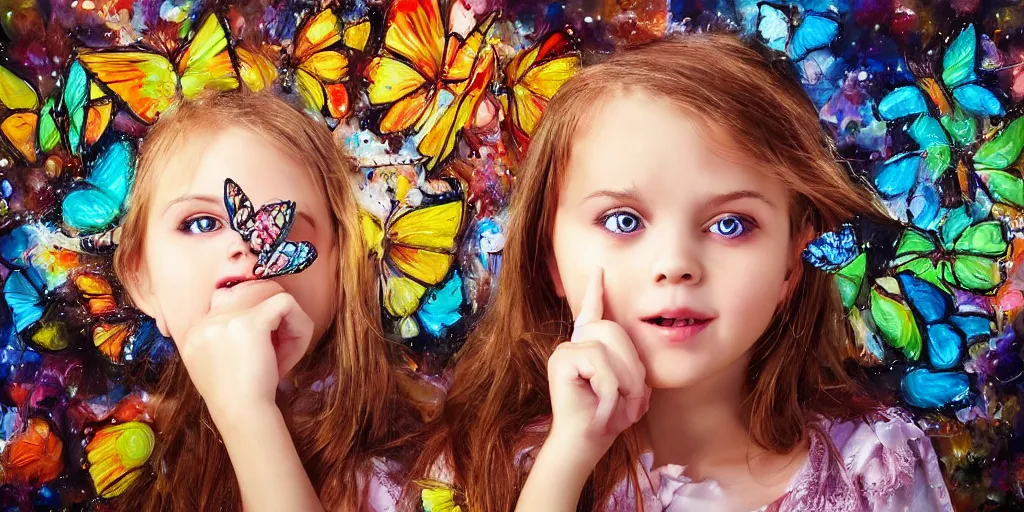 Prompt: surreal painting of a beautiful girl with very big eyes, playing with giant butterflies, realistic photo