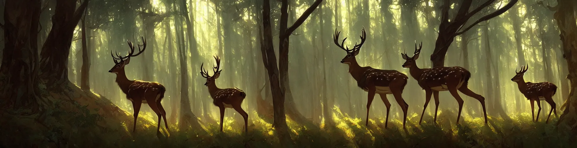 Image similar to Deer in Sherwood Forest, highly detailed, digital painting, artstation, concept art, smooth, sharp focus, illustration, art greg rutkowski and alphonse mucha