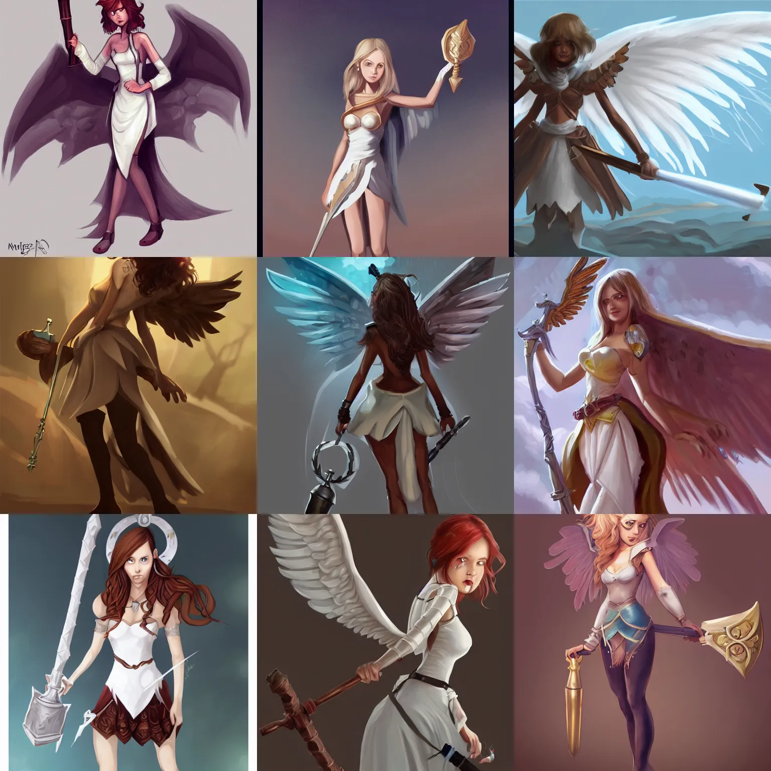 Prompt: a cartoon girl with wings holding a mace, concept art by muggur, white dress, artstation contest winner, fantasy art, concept art, 2 d game art, tarot card