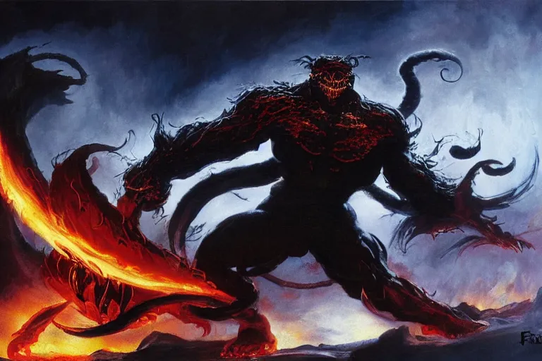 Prompt: balrog, spirit of fire and flame, surrounded by swirling fire, eyes like black coal glowing red, flaming sword, gothic fantasy art, concept are by frank frazetta, 8k, highly detailed digital painting