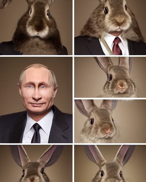 Image similar to headshots of vladimir putin sitting in a makeup chair wearing highly detailed rabbit prosthetic makeup in the style of rick baker, vladimir has long rabbit ears, rabbit fur, rabbit snout, studio lighting, soft focus