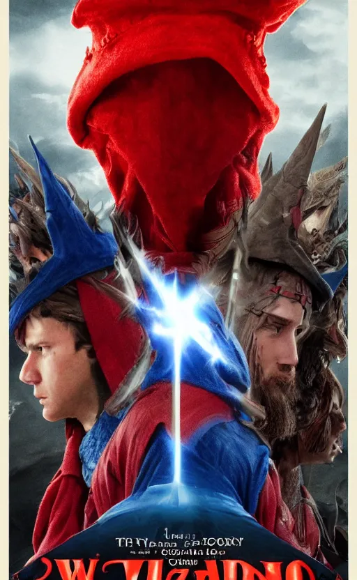 Prompt: a mind - blowing, epic movie poster, depicting a war between red and blue fantasy style wizards, wearing wizard hats, magic, cinematic, dnd, high quality