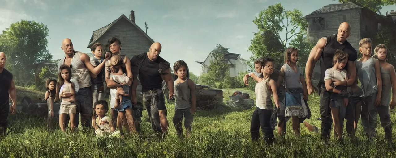 Prompt: closeup photo of vin diesel and his 6 children, sunny day, village house, pastoral, happy, cinematic, art by jan urschel and neil blevins