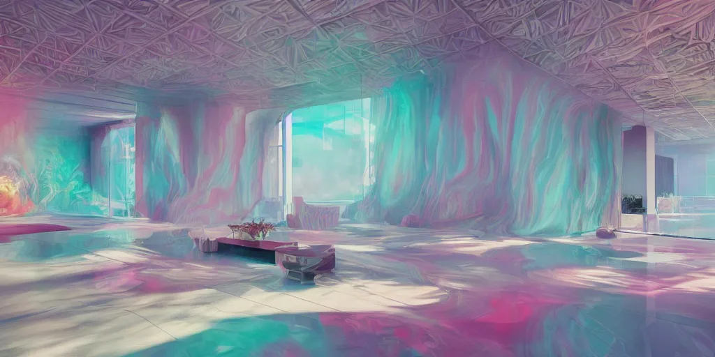 Prompt: a modern indoor room full of insane detailed colorfull smoke, clean architecture, pastel colored, intricate detailed 3 d render, hyper realistic intricate acrilic fluid art, elegant, intense colors, wide shot, octane render, concept art, daylight, peaceful, 8 k