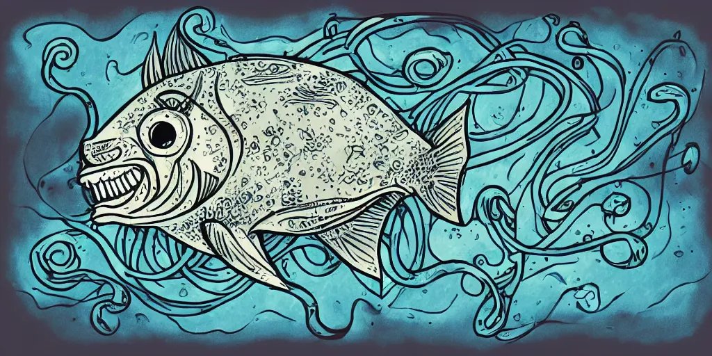 Image similar to illustration of an angler fish, lantern fish, deep sea, stylized linework, ornamentation, artistic, muted color wash