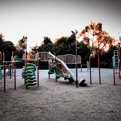 Image similar to a playground at night with only one orange light, creepy, found footage