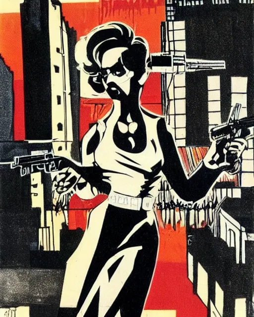 Image similar to punk girl pointing gun, city street, frank miller