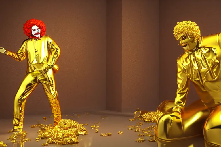 Image similar to a still of ronald mcdonald surrounded by gold and diamonds, award - winning, photograph, 3 d render, unreal engine, 4 k detailed