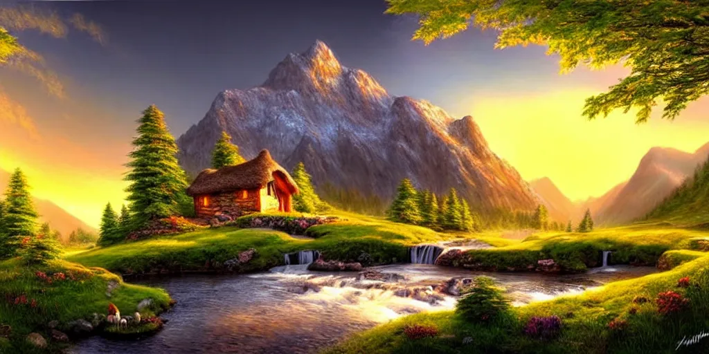 Prompt: a beautiful fantasy landscape, mountain in background, a waterfall in the mountains, little cottage, small pond, some trees in the corner, sunrise, hyper realism, artgem, art by philipp urlich