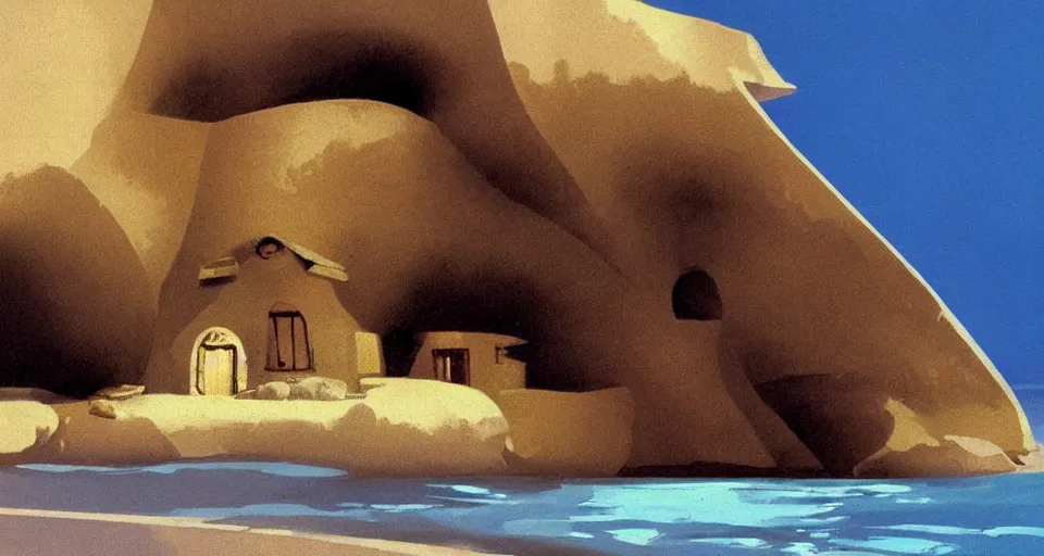 Image similar to environment art, seashell house where a hermit girl lives, atmospheric cinematography by syd mead and emmanuel lubezki