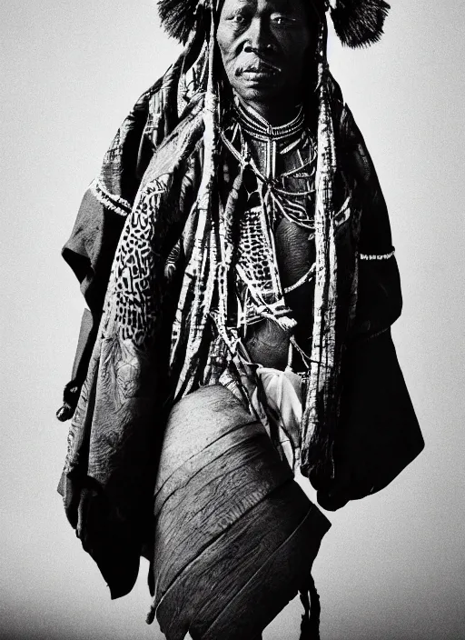 Prompt: analogue photo of an african chief in Haori & Hakama, 35mm, f/1.4, black & white, dramatic lighting, national geographic, photographed by Martha Cooper,