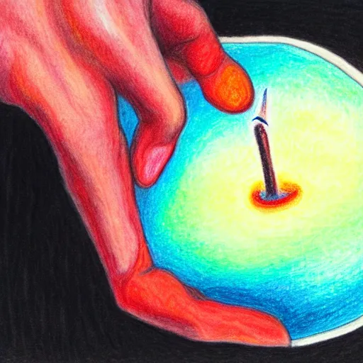 Image similar to hand holding a melting candle, colored pencil