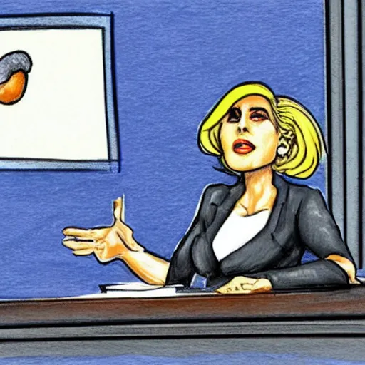 Image similar to courtroom sketch of lady gaga in the witness stand pointing at the hamburgler