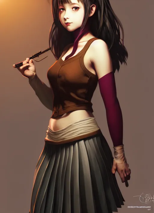 Image similar to portrait of a full body of beautiful young female detective, d & d, sleeveless turtleneck, pleated skirt, fantasy, flat lighting, intricate, highly detailed, digital painting, artstation, concept art, smooth, sharp focus, illustration, misa amane, art by simon bisley and greg rutkowski and alphonse mucha, natural tpose