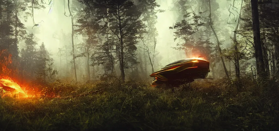 Image similar to cinematic, panorama, spaceship crashed overgrown vegetation, boreal forest, a storm of fire raining down, sharp focus, wideshot ultrawide angle epic scale, dynamic dramatic dark moody lighting, shadows, cinematic atmosphere, artstation, hyperrealistic 3 d digital art, octane render, 8 k 4 k uhd image